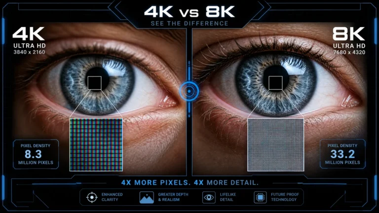 Visual comparison of pixel density between 4K and 8K resolution