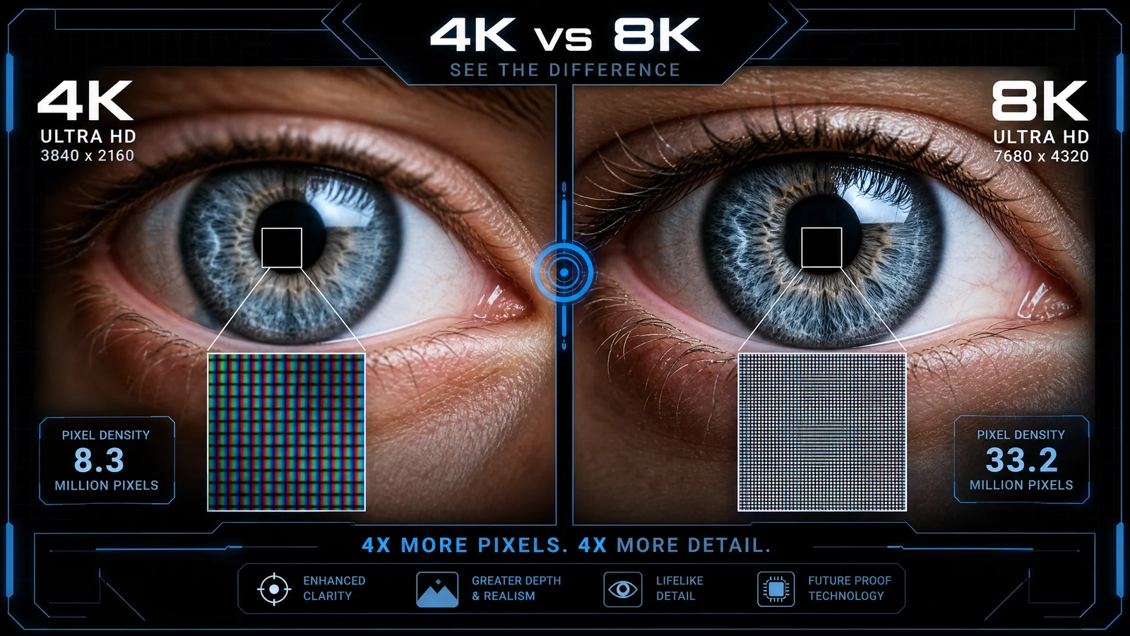Visual comparison of pixel density between 4K and 8K resolution