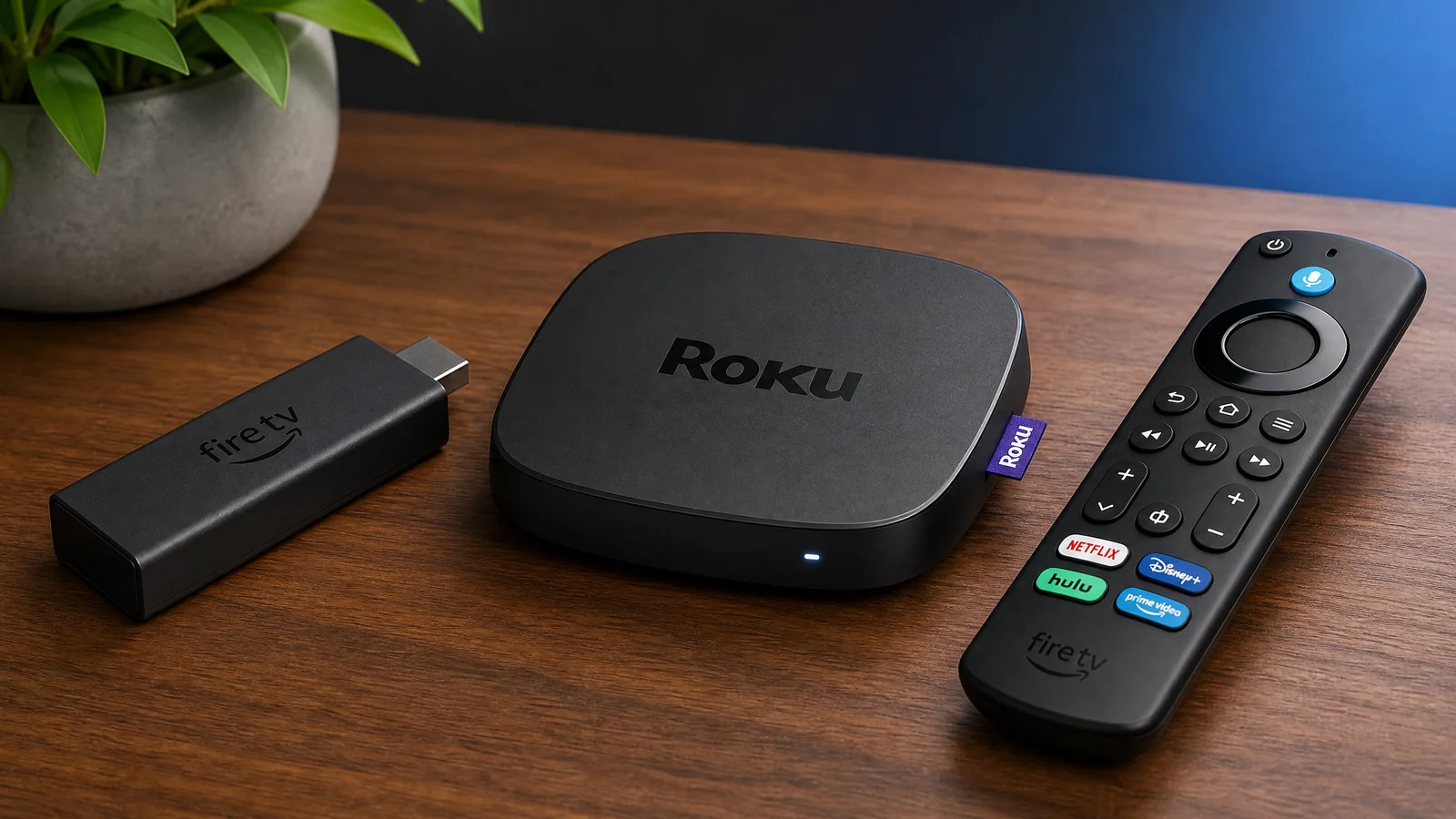 Collection of modern 4K streaming devices and remote controls