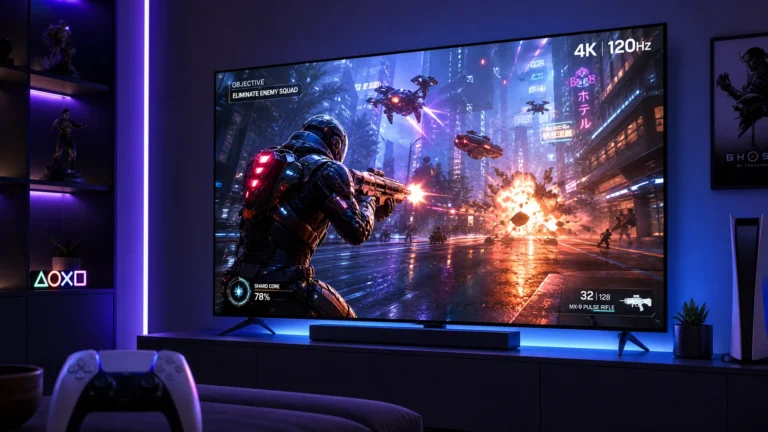 High-end gaming TV displaying a vibrant action game scene
