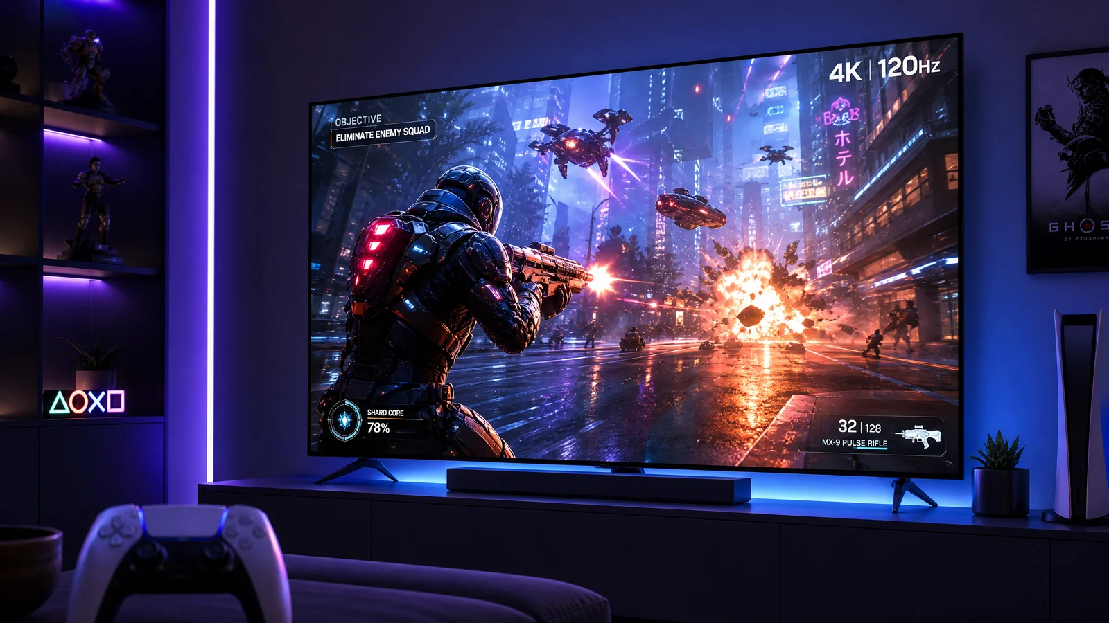 High-end gaming TV displaying a vibrant action game scene
