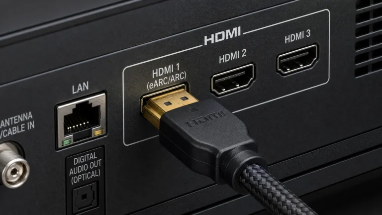 Close-up of HDMI ports on a TV with a cable being connected