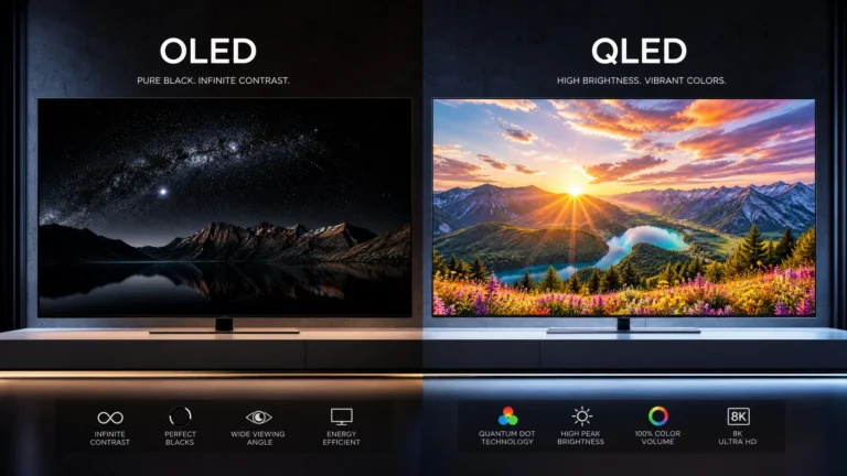 Professional comparison of OLED vs QLED TV technology showing contrast and color differences