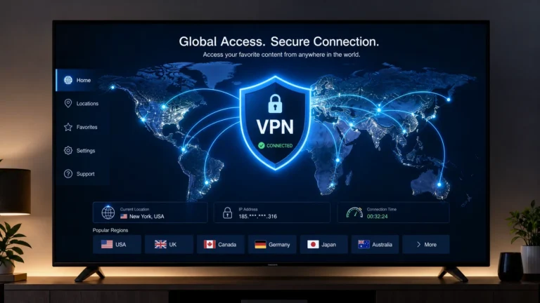 Smart TV screen showing global connection lines and a VPN shield