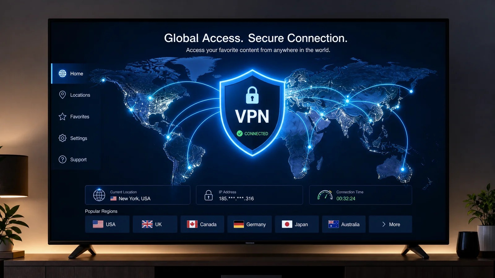 Smart TV screen showing global connection lines and a VPN shield