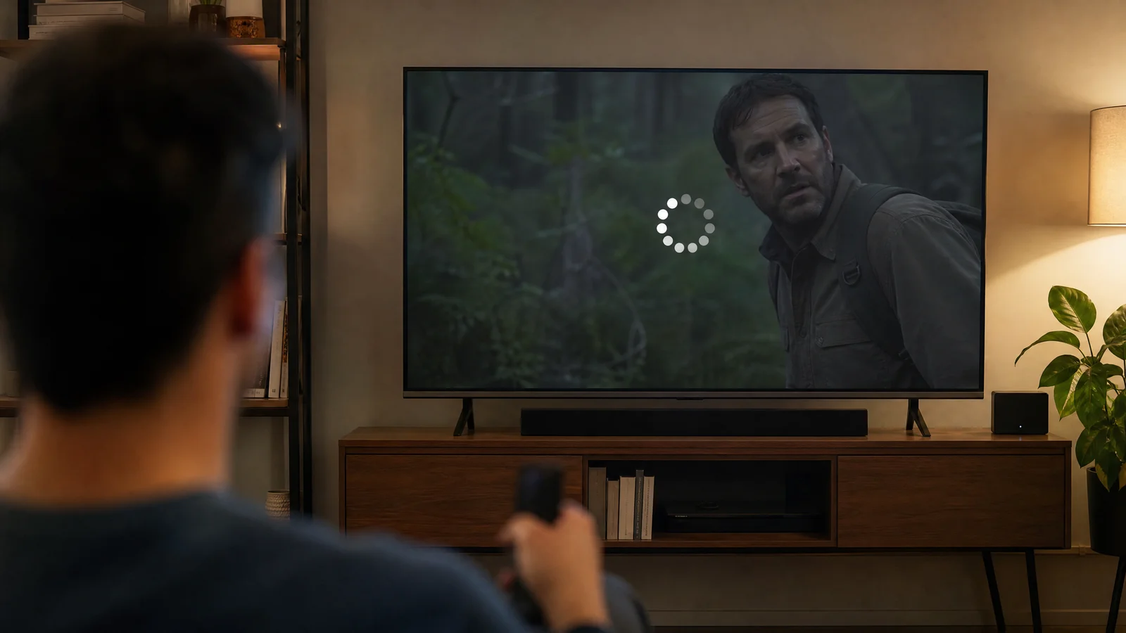 Smart TV displaying a frozen video frame with a buffering icon
