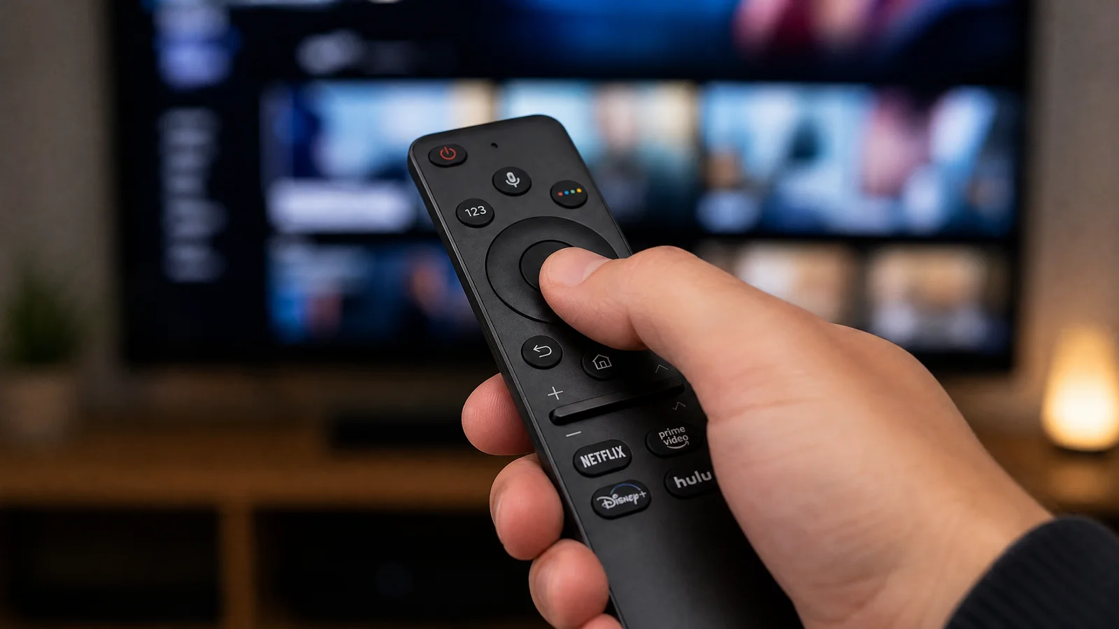 Close-up of a hand holding a TV remote pointing at a screen