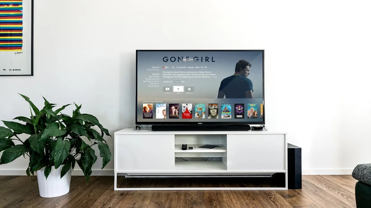 Modern flat-screen TV showing a streaming app menu in a living room
