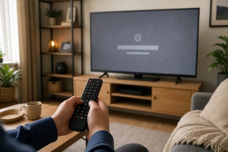Hands holding a remote control troubleshooting a smart TV display