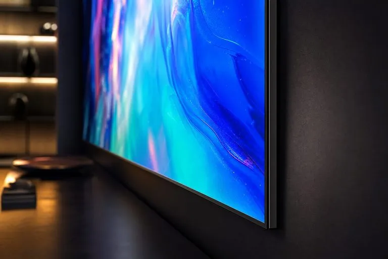 Ultra-thin OLED TV displaying a colorful screen close-up